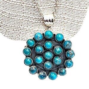 Womens Necklace Sterling Silver Blue Turquoise Pendant 18" Necklace 58 Gram